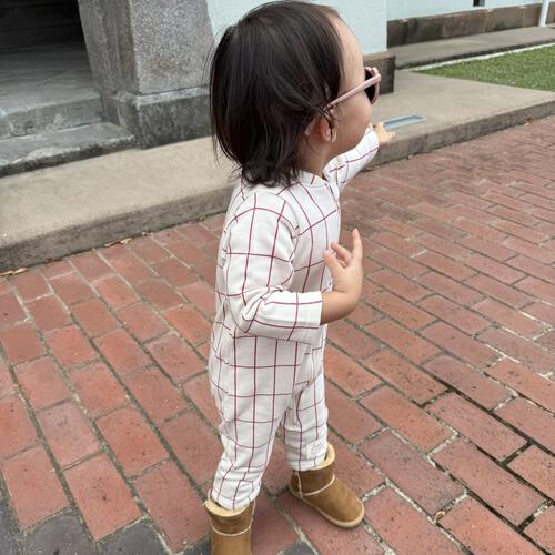 【FirstCloset×mioさん】 長袖ファスナーオール 格子柄 裏毛 ナチュラル×70cmベビーザらス限定