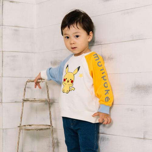 monpoke モンポケ トレーナー 袖配色 サガラ刺繍 ピカチュウ ナチュラル×90cm