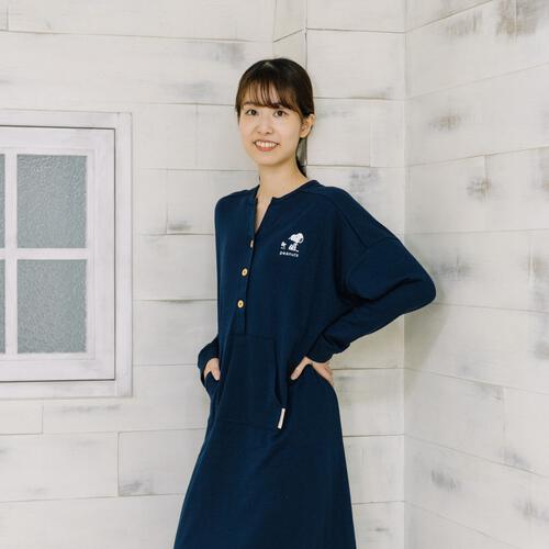 SNOOPY スヌーピー 長袖前開きワンピースパジャマ ワンポイント ネイビー&times;M-L ベビーザらス限定