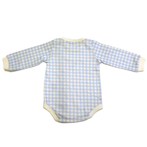 【ベビー×ペットコレクション】長袖ボディスーツ スタイ付き 格子柄 スムス イヌ ブルー×80cm