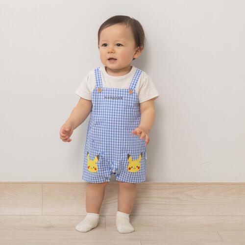 monpoke モンポケ 半袖ロンパース ギンガムチェック サロペット型 ブルー&times;70cm ベビーザらス限定