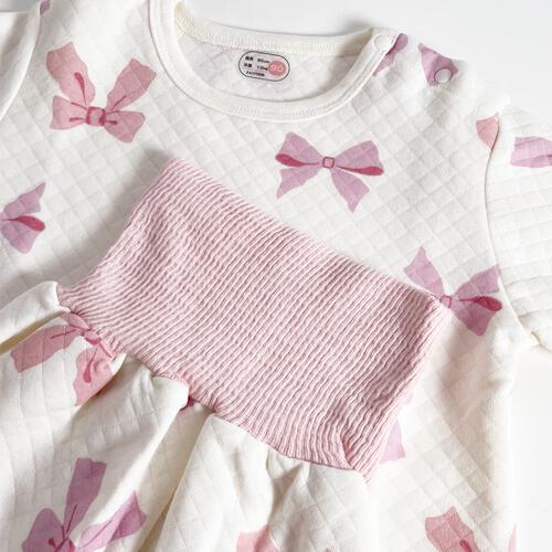 長袖腹巻付きパジャマ ニットキルト リボン柄 アイボリー&times;90cm ベビーザらス限定