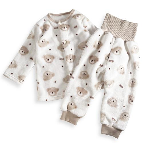 長袖腹巻付きパジャマ フリース  クマ柄 ベージュ×95cm
