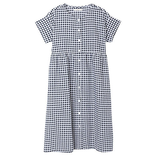 マタニティ 半袖ルームワンピース サッカーギンガム ブラック&times;M-L