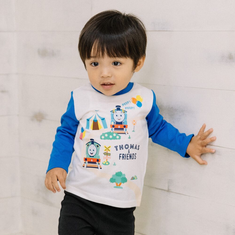 THOMAS トーマス 長袖Tシャツ 天竺 袖配色 ブルー×95cm ベビーザらス
