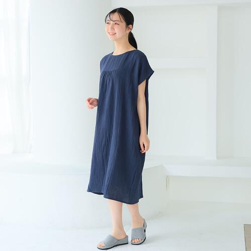 ぽこぽこガーゼの湯上りワンピ ネイビー×M-L