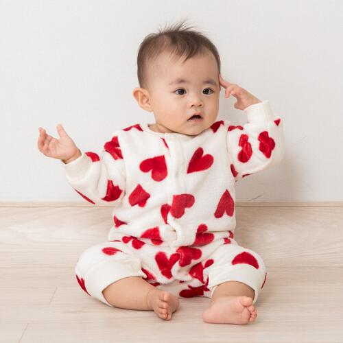 長袖カバーオール フリース ハート柄 レッド×70cm