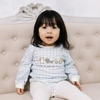 【ベビー×ペットコレクション】長袖ボディスーツ スタイ付き 格子柄 スムス イヌ ブルー×80cm