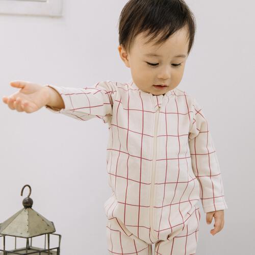 【FirstCloset×mioさん】 長袖ファスナーオール 格子柄 裏毛 ナチュラル×70cmベビーザらス限定