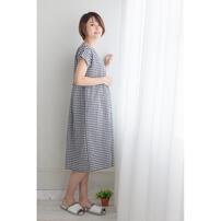 マタニティ 半袖ルームワンピース サッカーギンガム ブラック&times;M-L