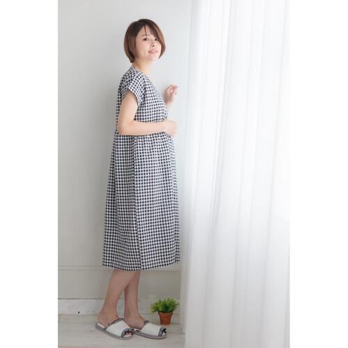 マタニティ 半袖ルームワンピース サッカーギンガム ブラック&times;M-L