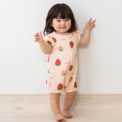 半袖ロンパース 鹿の子天竺 イチゴ柄 ピンク&times;70cm