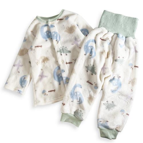 長袖腹巻パジャマ フリース 恐竜柄 グリーン&times;80cm