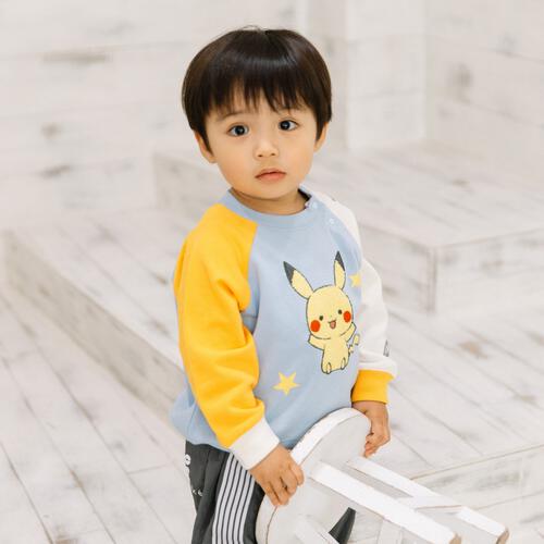 monpoke モンポケ トレーナー 袖配色 サガラ刺繍 ピカチュウ ブルー×80cm