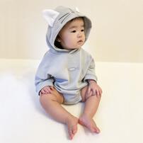 【ベビー×ペットコレクション】長袖フード付きボディスーツ ボア耳付き 裏毛 猫 70-80cm