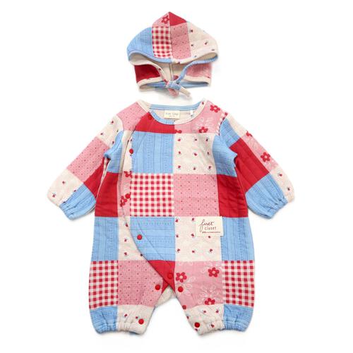 【FirstCloset×mioさん】 長袖ロンパース ボンネット付き キルト ピンク×60-70cm ベビーザらス限定