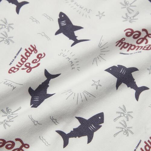 BUDDYLEE 半袖ボディスーツ ポケット付き サメ総柄 ホワイト&times;70cm