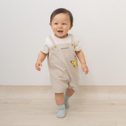 monpoke モンポケ 半袖ロンパース サロペット型 ベージュ&times;70cm