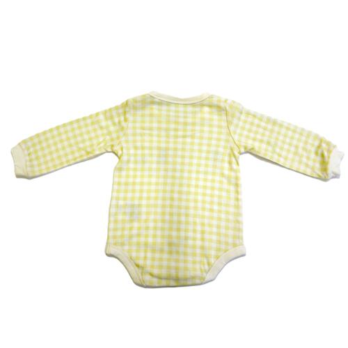 【ベビー×ペットコレクション】長袖ボディスーツ スタイ付き 格子柄 スムス ネコ イエロー×70cm