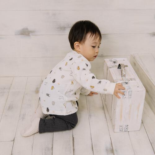 【ベビー×ペットコレクション】長袖Tシャツ ワッフル 猫総柄 ナチュラル×90cm
