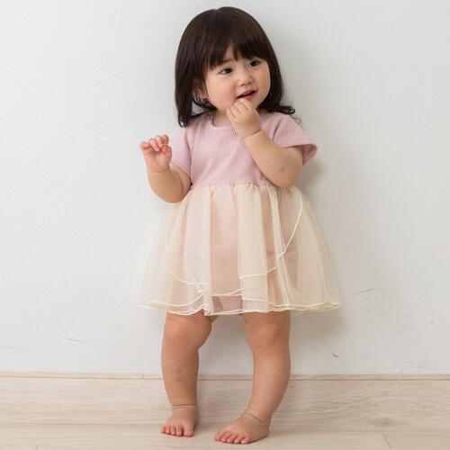 半袖ロンパース ワッフル レース付き ピンク&times;70cm