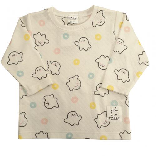 シナぷしゅ 長袖パジャマ 裏綿ダイヤキルト 総柄丸首 ホワイト×80cm