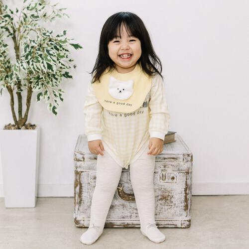 【ベビー×ペットコレクション】長袖ボディスーツ スタイ付き 格子柄 スムス ネコ イエロー×70cm