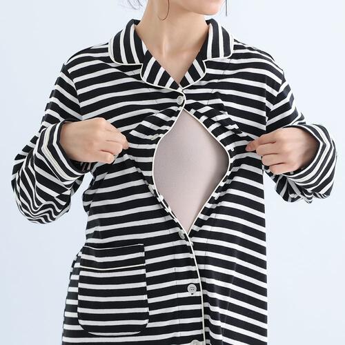 センター授乳開き長袖パジャマ ボーダー&times;M-L  マタニティ プレママ 出産準備
