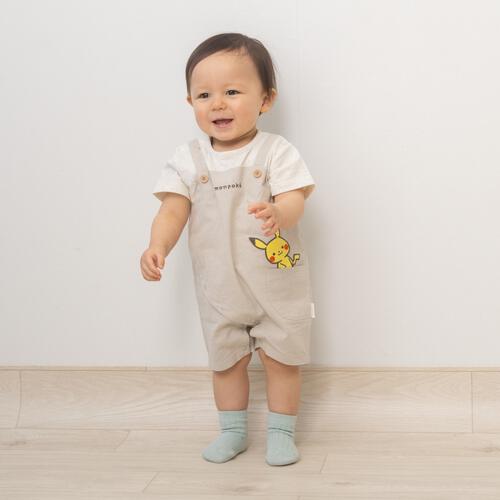 monpoke モンポケ半袖ロンパース サロペット型 ベージュ&times;80cm