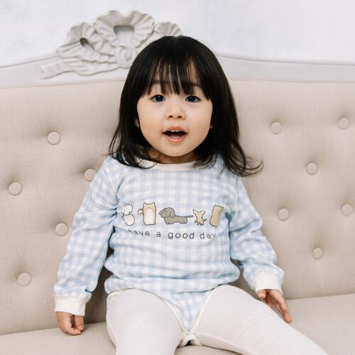 【ベビー×ペットコレクション】長袖ボディスーツ スタイ付き 格子柄 スムス イヌ ブルー×70cm