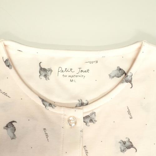 Petit jouet for maternity プティジョエット 長袖ワンピースパジャマ ロンパース型 スムース ネコ柄(ピンク×L-LL)