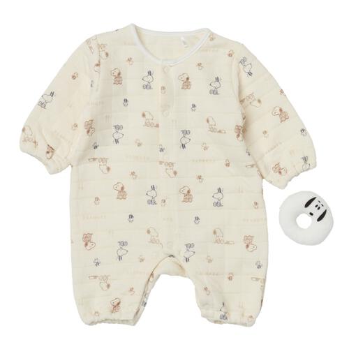 SNOOPY 長袖フィットオール マスコット付き 格子キルト 総柄 スヌーピー ナチュラル×50-60cm ベビーザらス限定