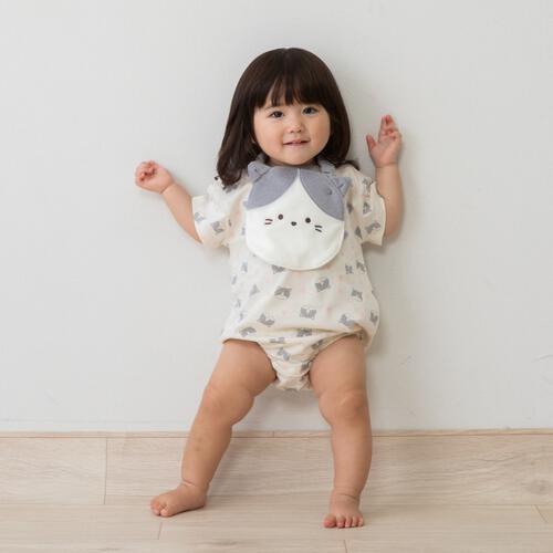 スタイ付きボディスーツ 天竺 ネコ グレー&times;80cm