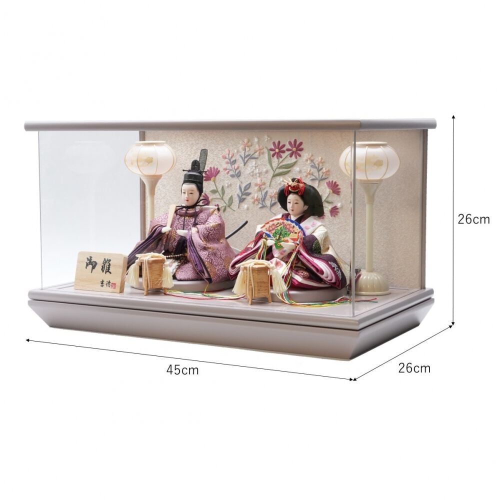 雛人形】ケース飾り 親王飾り「花刺繍グレージュアクリル」 (322902