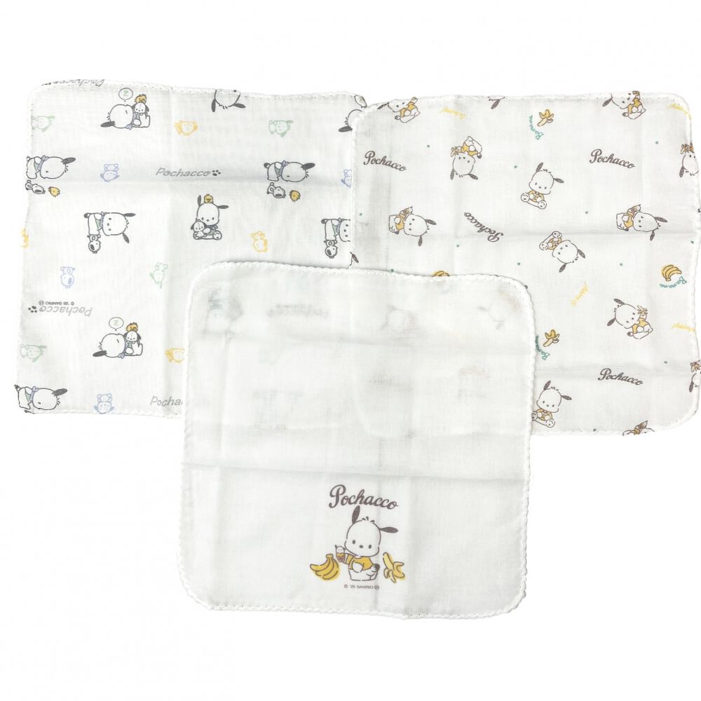 サンリオ ポチャッコ ガーゼハンカチ3枚組 ホワイト×フリー