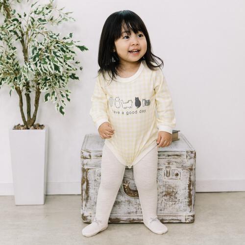 【ベビー×ペットコレクション】長袖ボディスーツ スタイ付き 格子柄 スムス ネコ イエロー×70cm