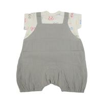 FirstCloset 半袖ロンパース サロペット風 天竺&times;Wガーゼ お目目総柄 ナチュラル&times;70cm