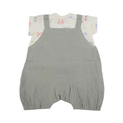 FirstCloset 半袖ロンパース サロペット風 天竺&times;Wガーゼ お目目総柄 ナチュラル&times;70cm