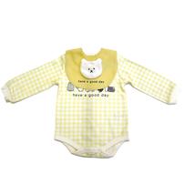 【ベビー×ペットコレクション】長袖ボディスーツ スタイ付き 格子柄 スムス ネコ イエロー×80cm