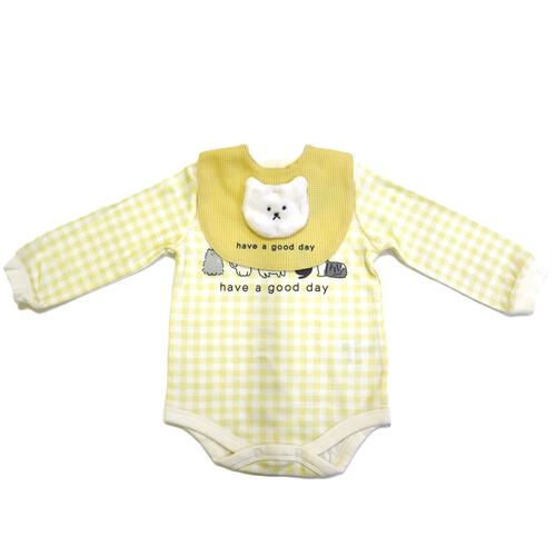 【ベビー×ペットコレクション】長袖ボディスーツ スタイ付き 格子柄 スムス ネコ イエロー×80cm