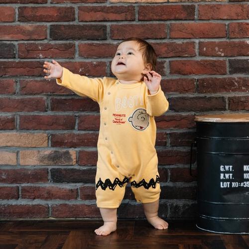 SNOOPY スヌーピー 長袖カバーオール おしり顔 イエロー×70cm ベビーザらス限定
