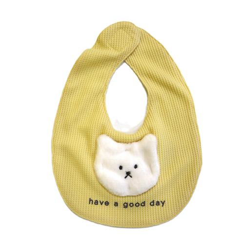 【ベビー×ペットコレクション】長袖ボディスーツ スタイ付き 格子柄 スムス ネコ イエロー×70cm