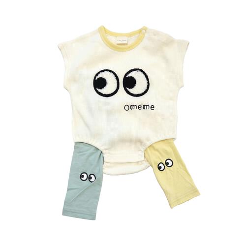 FirstCloset 半袖ロンパース レギンス付き ワッフル&times;天竺 お目目 ナチュラル&times;70cm