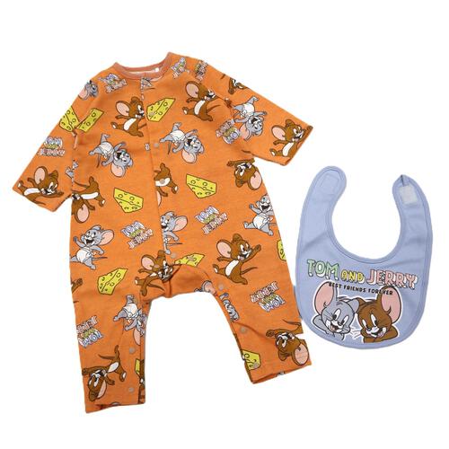 TOM and JERRY  長袖前開きプレオール スタイ付き トムとジェリー オレンジ&times;70-80cm