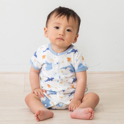 半袖ロンパース メッシュ天竺 サメ柄 ホワイト&times;70cm