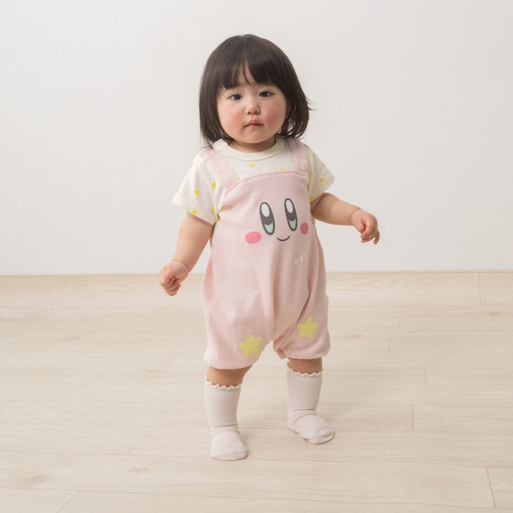 【美品】レア BABY ピンク 半袖カットソー 星のカービィ 半袖ロンパース サロペット風 顔ドッカン ピンク×80cm