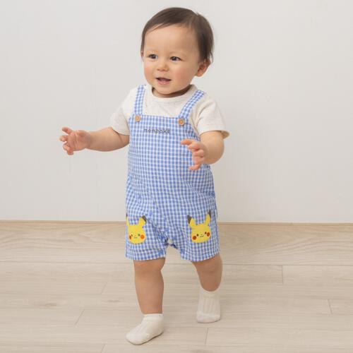 monpoke モンポケ 半袖ロンパース ギンガムチェック サロペット型 ブルー&times;80cm ベビーザらス限定 赤ちゃん 出産準備 出産祝い ベビー服 子供服