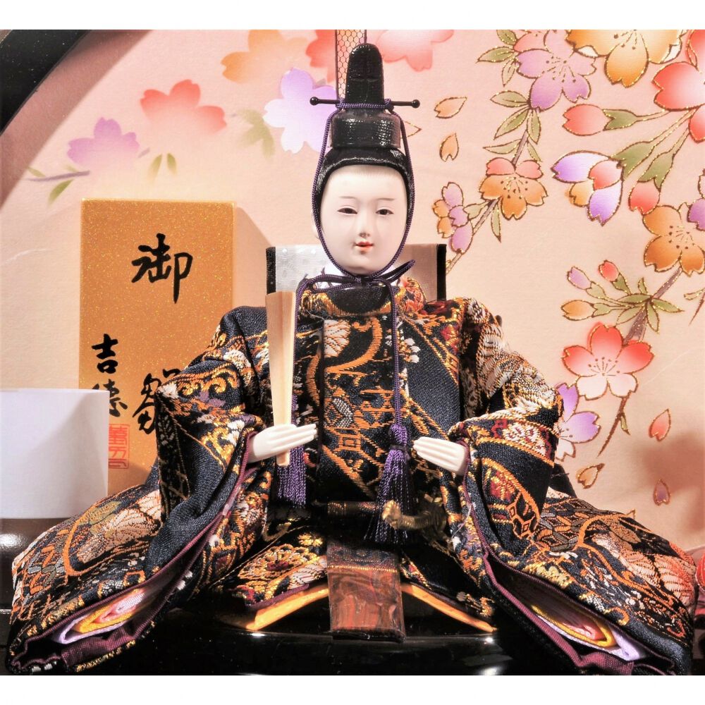 雛人形】ケース飾り 五人飾り「金彩枝桜丸形黒塗アクリル」 (322507
