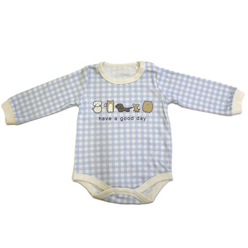 【ベビー×ペットコレクション】長袖ボディスーツ スタイ付き 格子柄 スムス イヌ ブルー×70cm