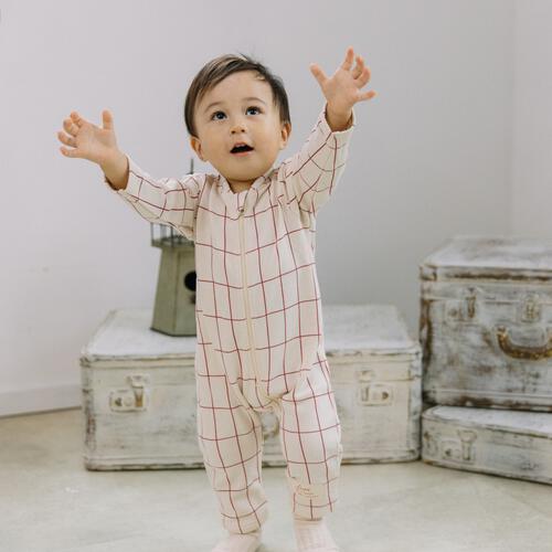 【FirstCloset×mioさん】 長袖ファスナーオール 格子柄 裏毛 ナチュラル×80cm ベビーザらス限定